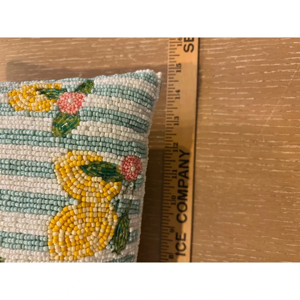 Style Happy Beaded Lemon Floral Striped Decorative Throw Pillow Blue Yellow NWT